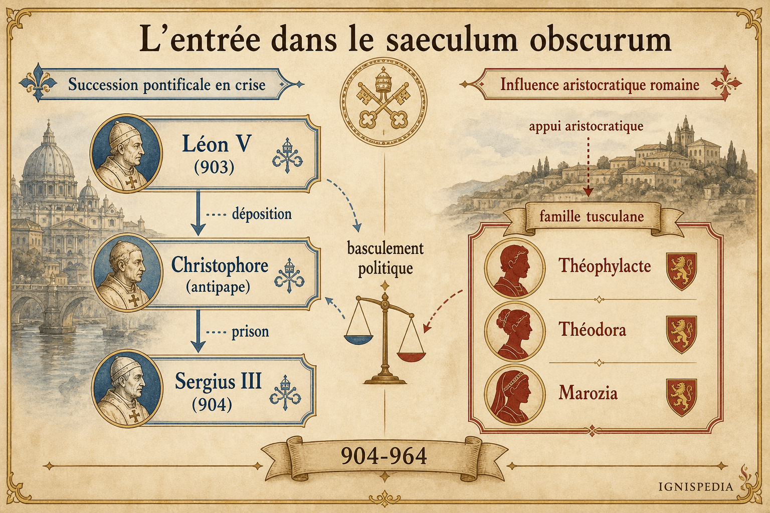 Infographie expliquant le passage de Léon V et Christophore à Sergius III puis à l'influence de Théophylacte, Théodora et Marozia