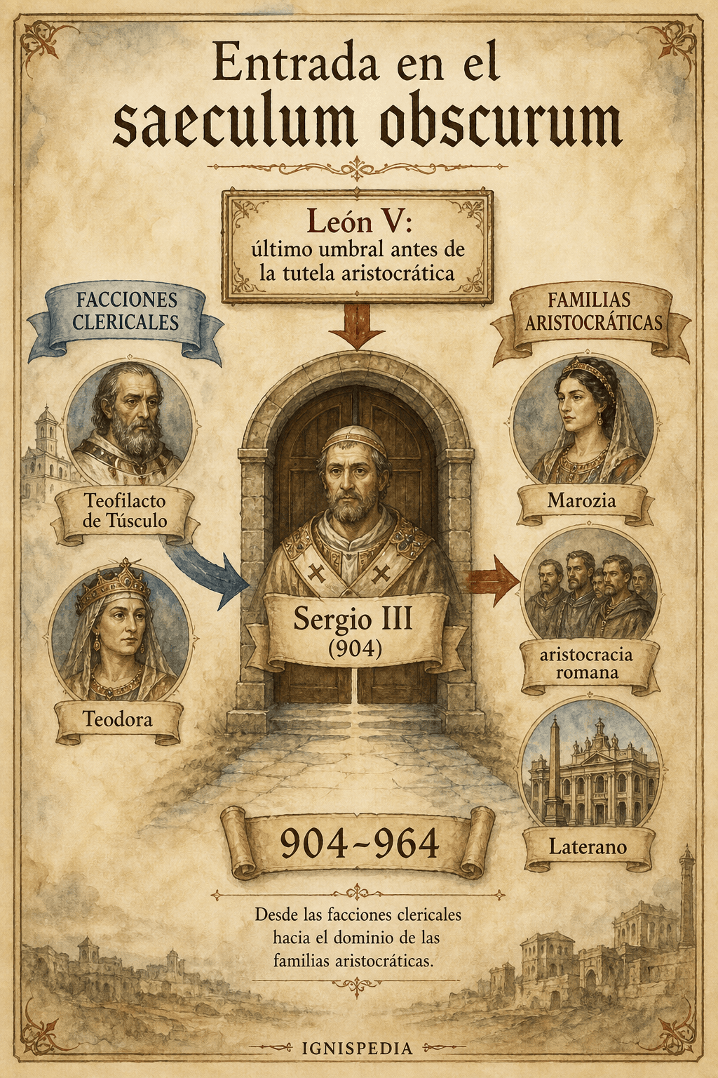 Infografía que explica el paso de León V y Cristóforo a Sergio III y luego a la influencia de Teófilo, Teodora y Marozia
