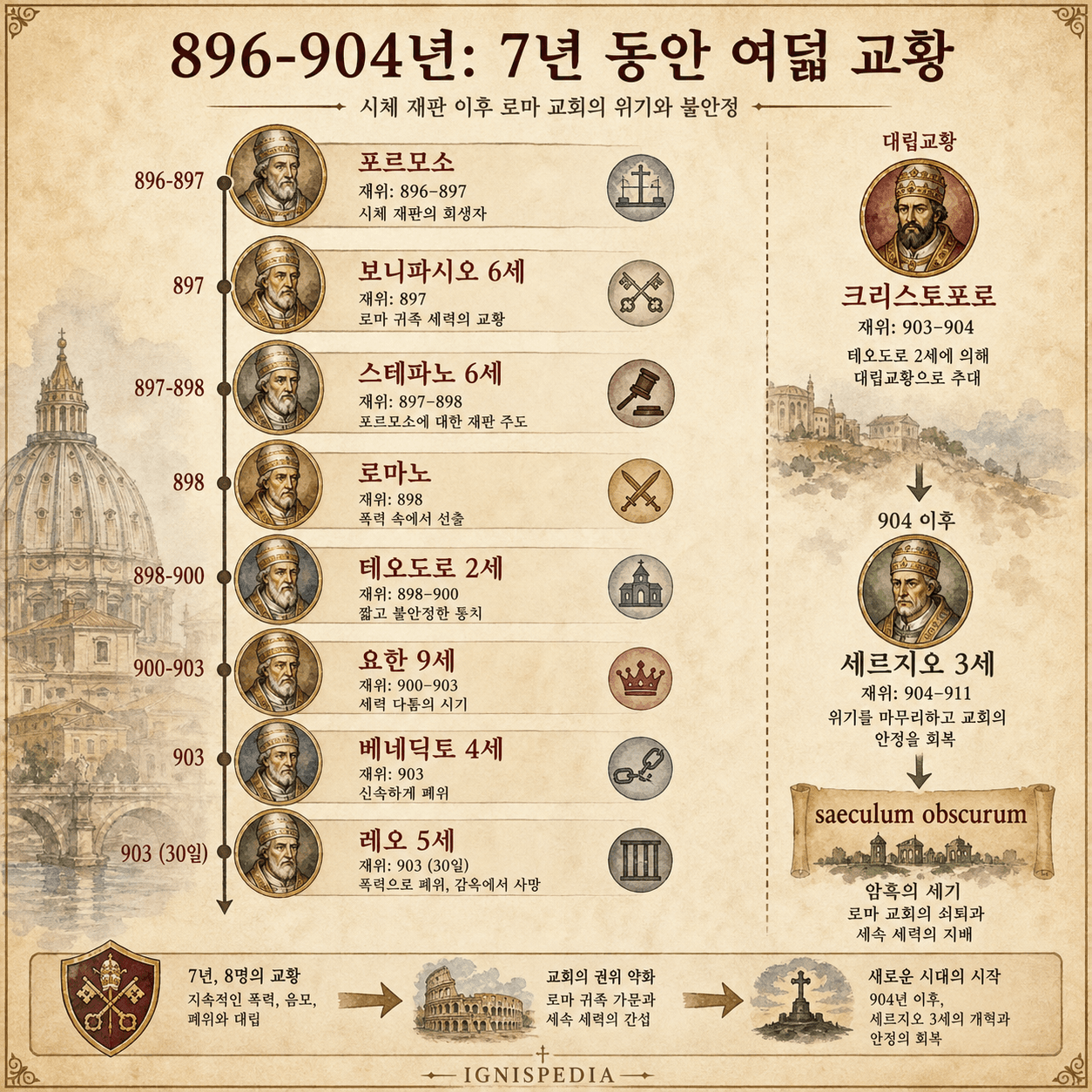 896년부터 904년까지 포르모소에서 세르지오 3세까지 여덟 교황과 대립 교황의 연대표 인포그래픽