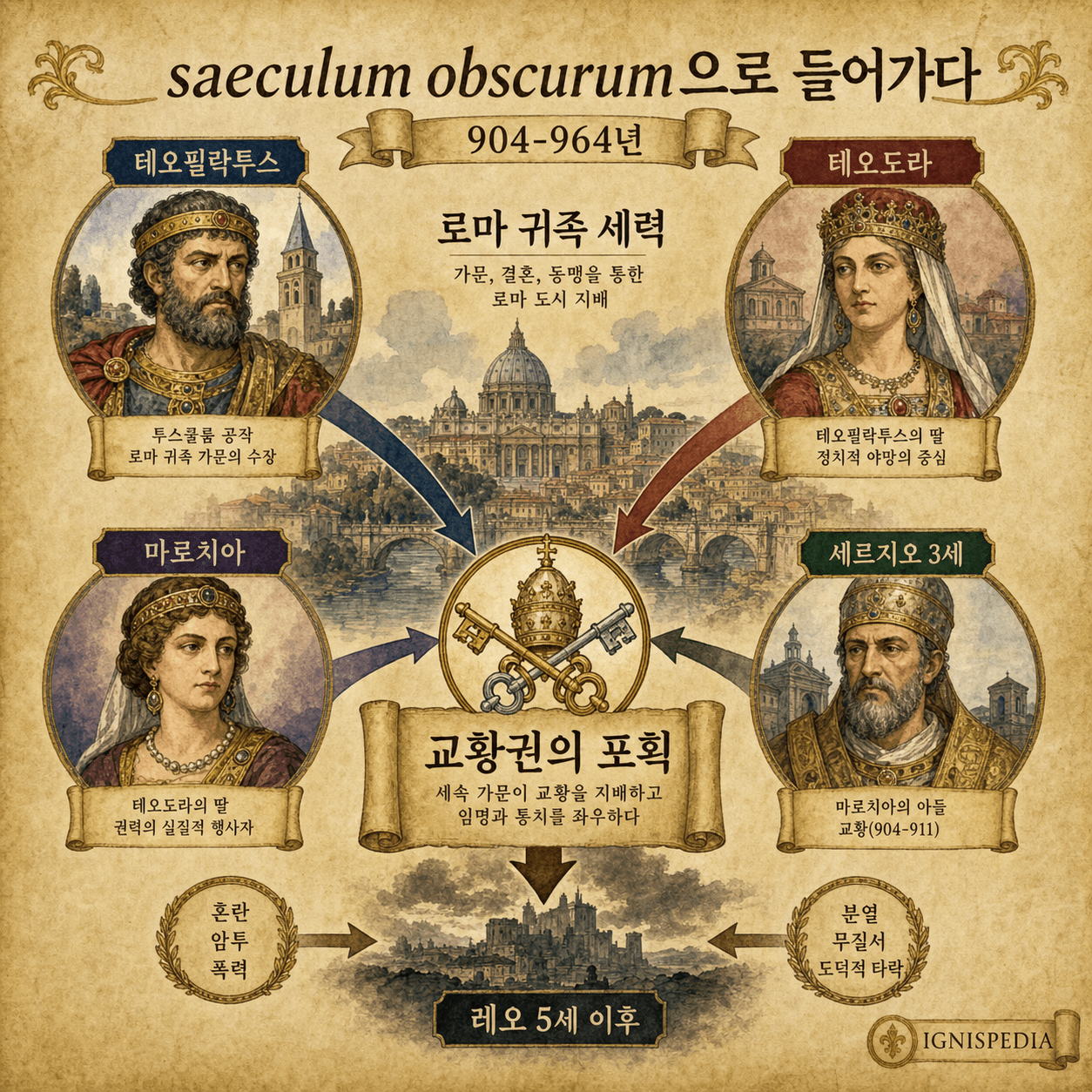 레오 5세와 크리스토포레에서 세르지오 3세, 그리고 테오필라크, 테오도라, 마로치아의 영향력으로 이어지는 과정을 설명하는 인포그래픽