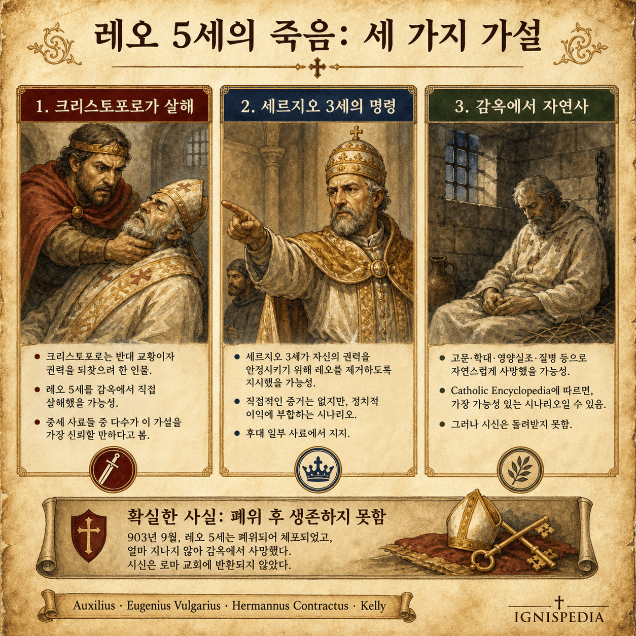 레오 5세의 죽음에 관한 세 가지 가설을 제시한 인포그래픽: 크리스토포로, 세르지오 3세 또는 감옥에서의 죽음