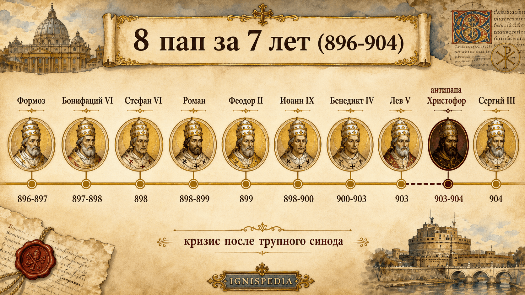 Инфографическая хронология восьми понтификатов и узурпации в период 896–904 годов, от Формоза до Сергия III