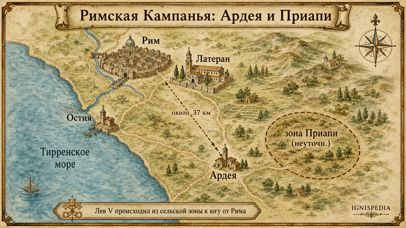 Акварельная карта Лациума с изображением Рима, Латерана, Остии, Ардеи и неопределённой зоны Приапи