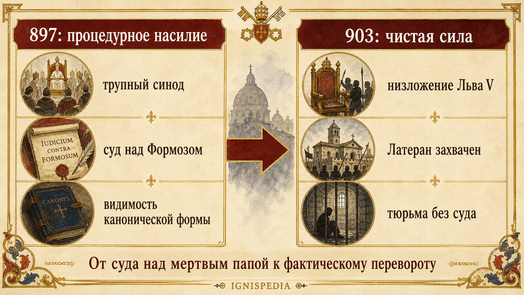 Инфографика, сравнивающая синод над трупом 897 года и свержение Льва V в 903 году