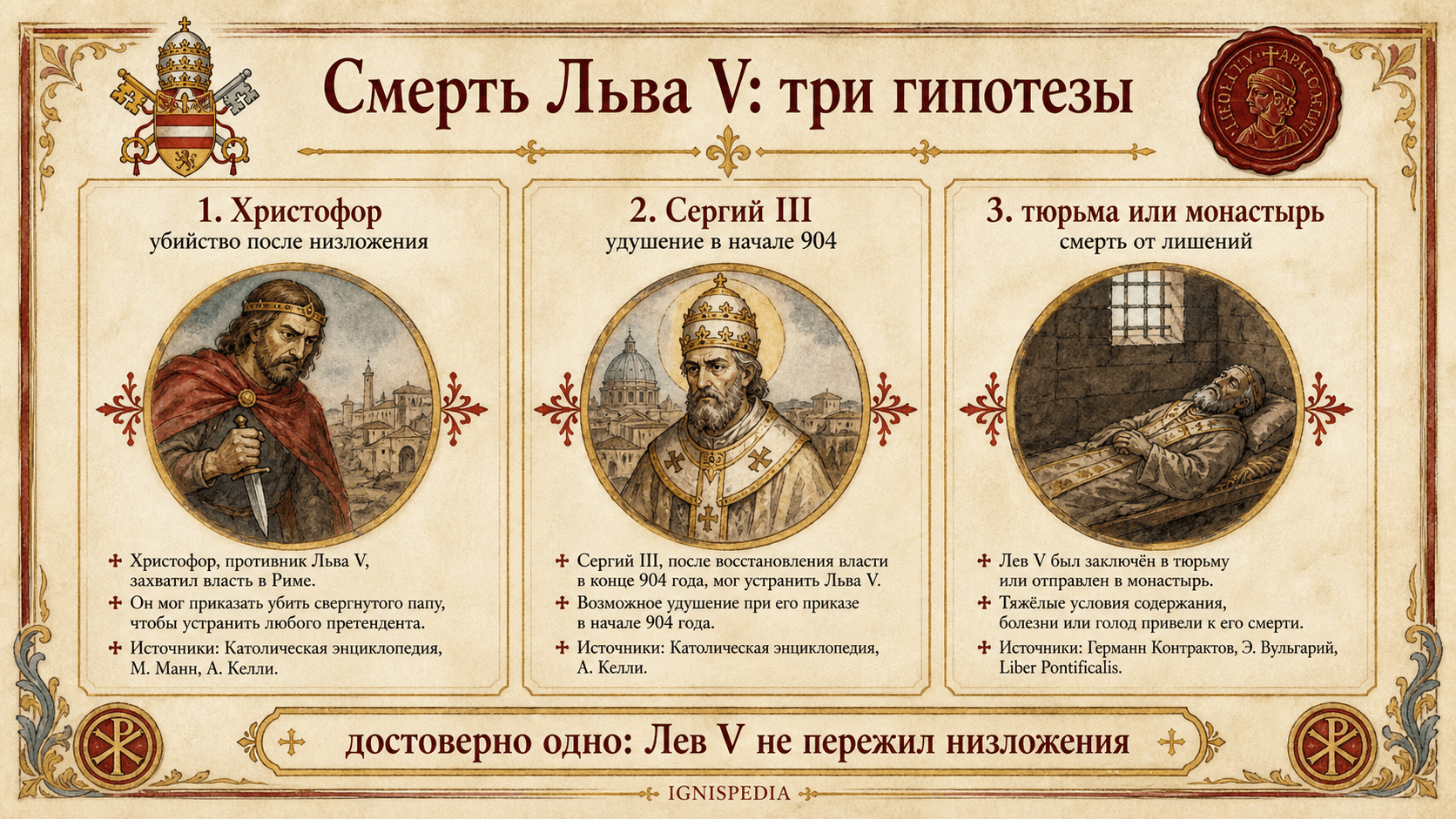 Инфографика, представляющая три гипотезы о смерти Льва V: Христофор, Сергий III или смерть в темнице