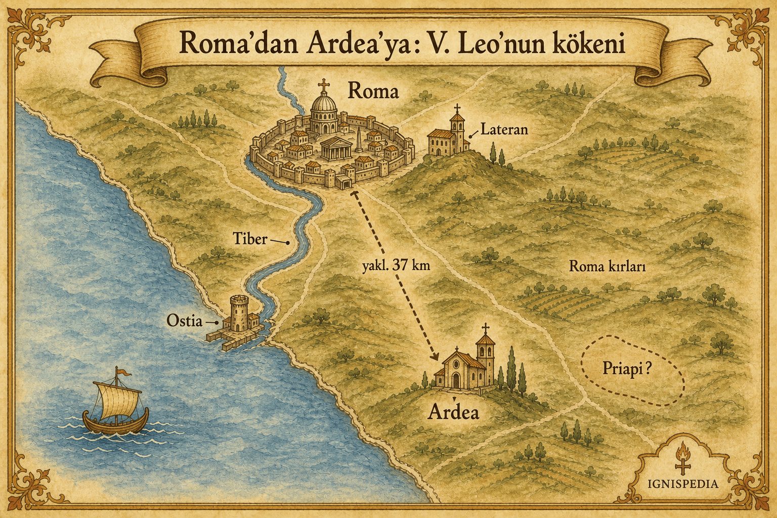 Roma, Lateran, Ostia, Ardea ve Priapi'nin belirsiz bölgesini gösteren Latium'un suluboya haritası