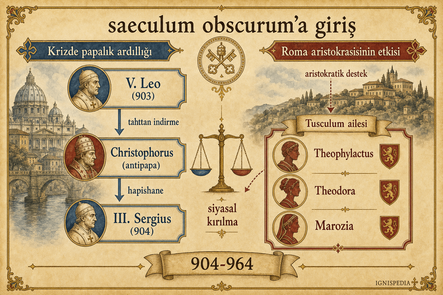 V. Leo ve Christophore'den Sergius III'e, ardından Theophylacte, Theodora ve Marozia'nın etkisine geçişi açıklayan infografik