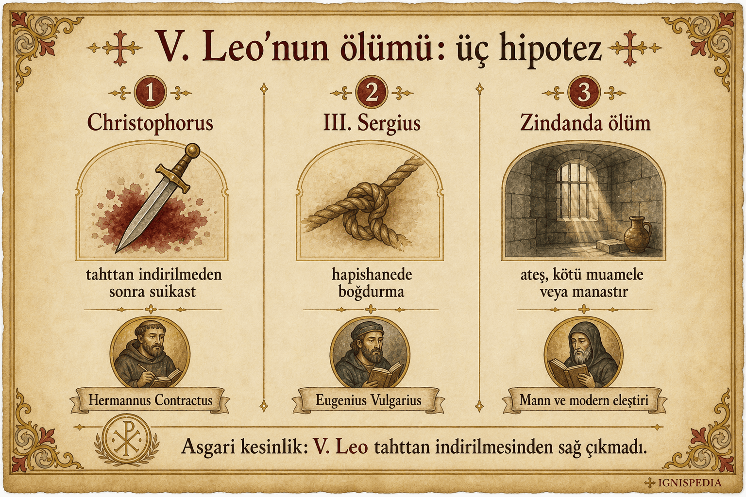 V. Leo'nun ölümüyle ilgili üç hipotezi gösteren infografik: Christophore, Sergius III veya hücrede ölüm