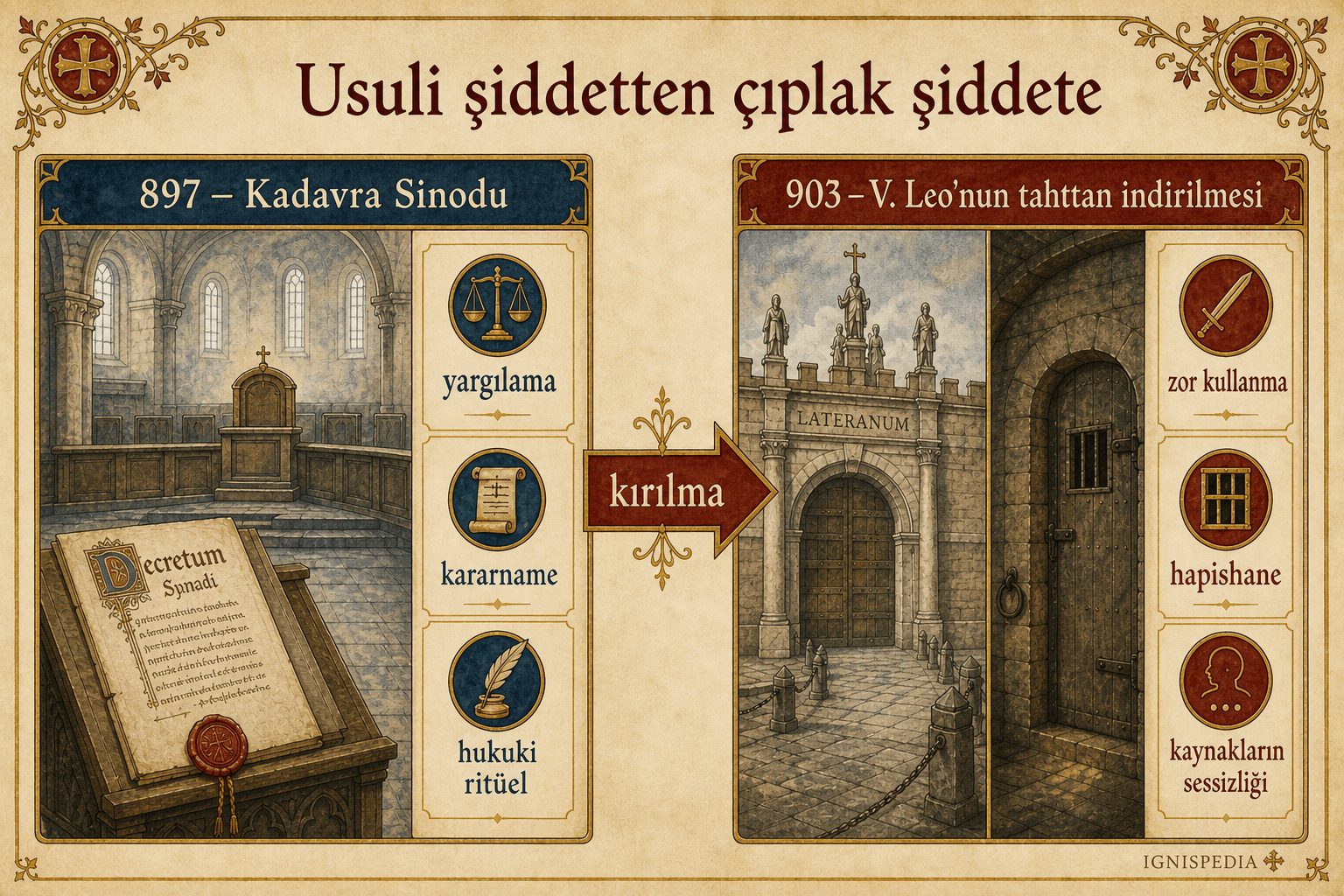 897 ceset senedi ile 903 V. Leo'in azledilmesinin karşılaştırmalı infografiği