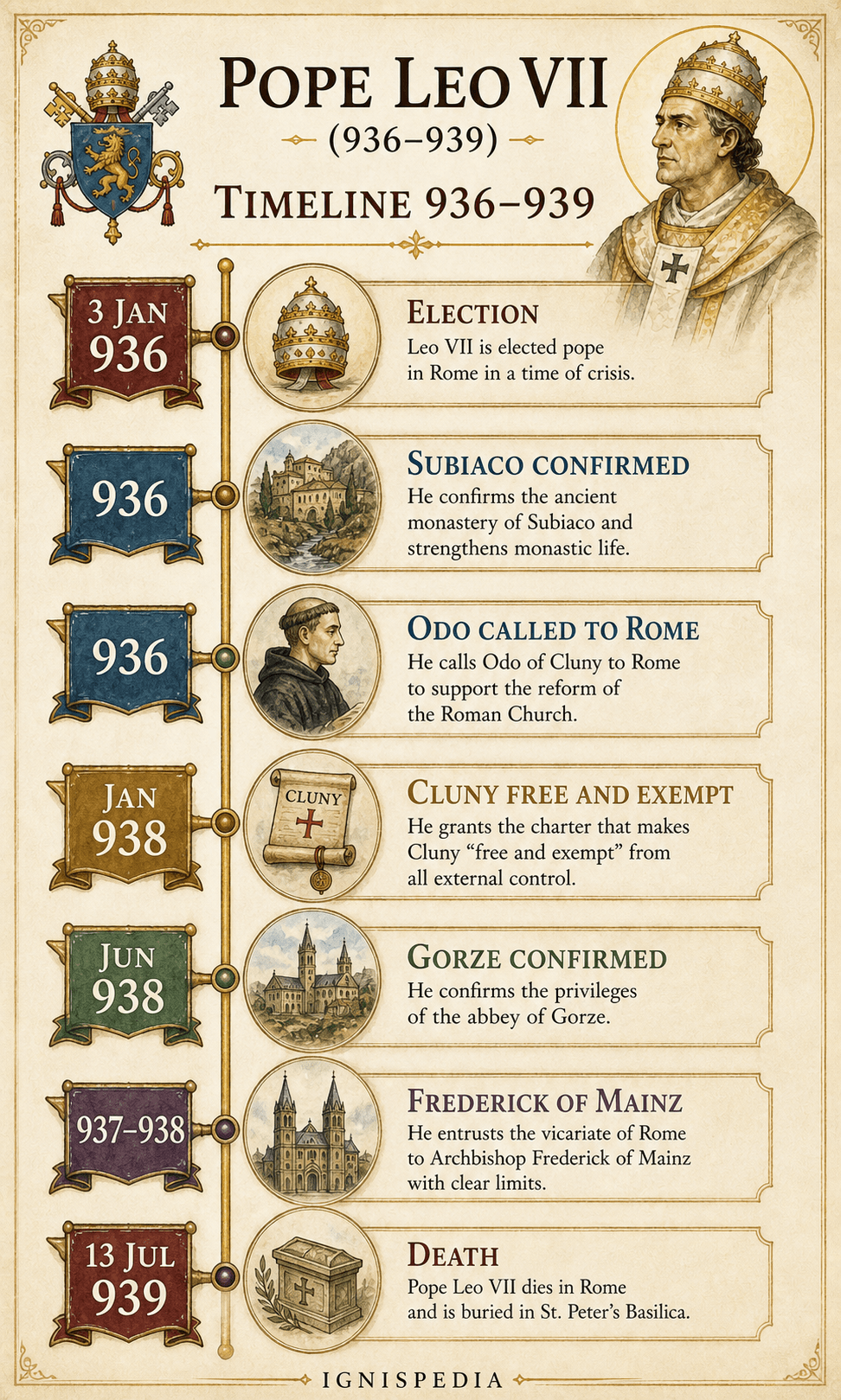 Chronological infographic of the main acts of Leo VII's pontificate between 936 and 939