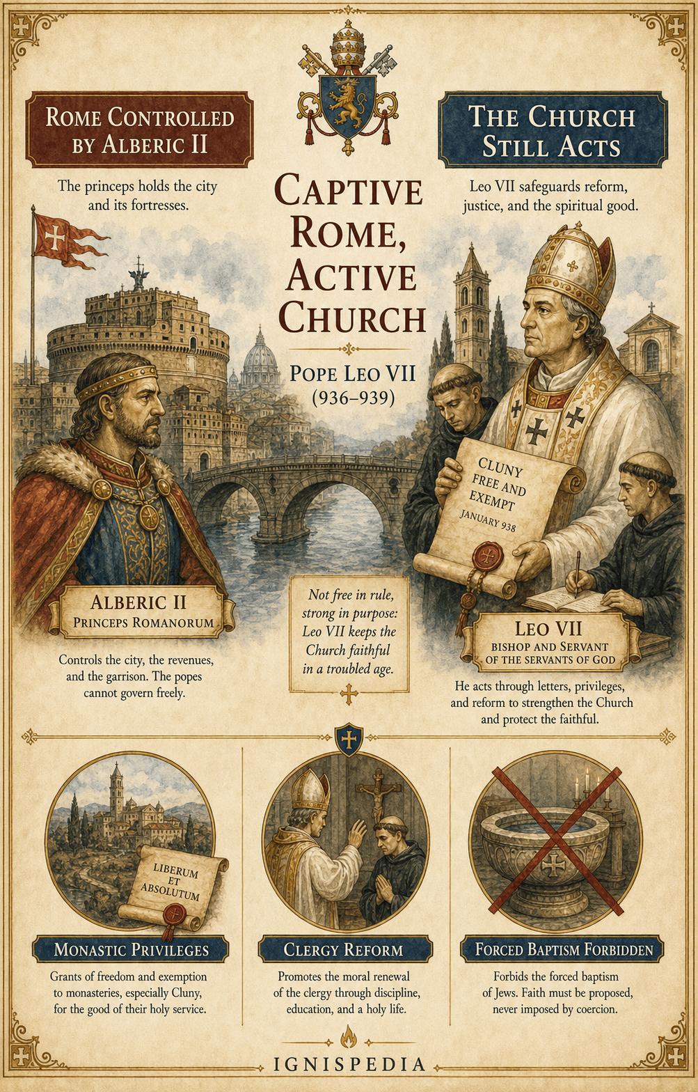Infographic contrasting captive Rome under Alberic II and an active Church through monastic bulls, reform and moral limits