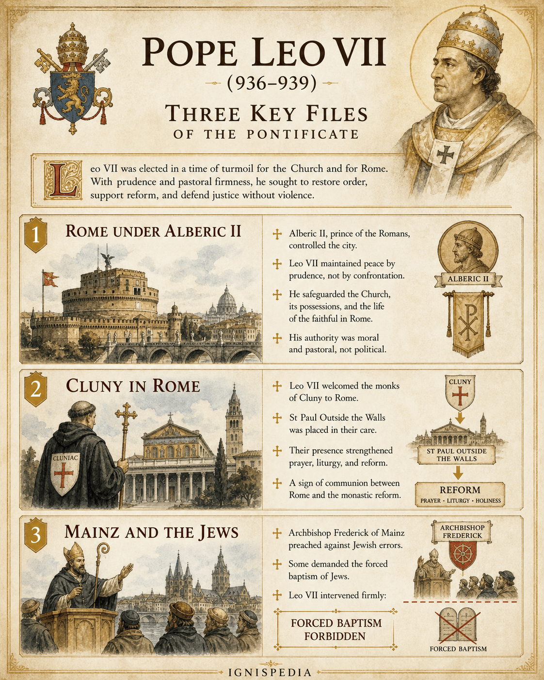 Infographic summarizing the three great dossiers of Leo VII's pontificate: Rome under Alberic II, Cluny in Rome, Mainz and the Jews