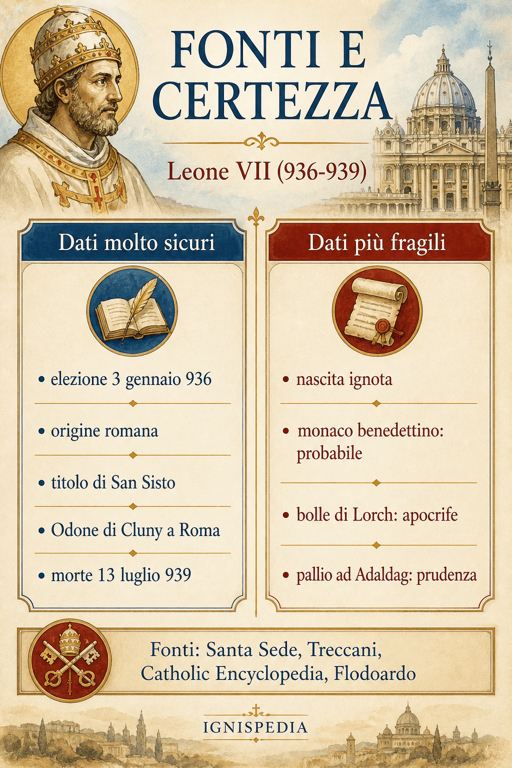 Infografica che distingue tra dati molto sicuri e dati fragili nelle fonti su Leone VII
