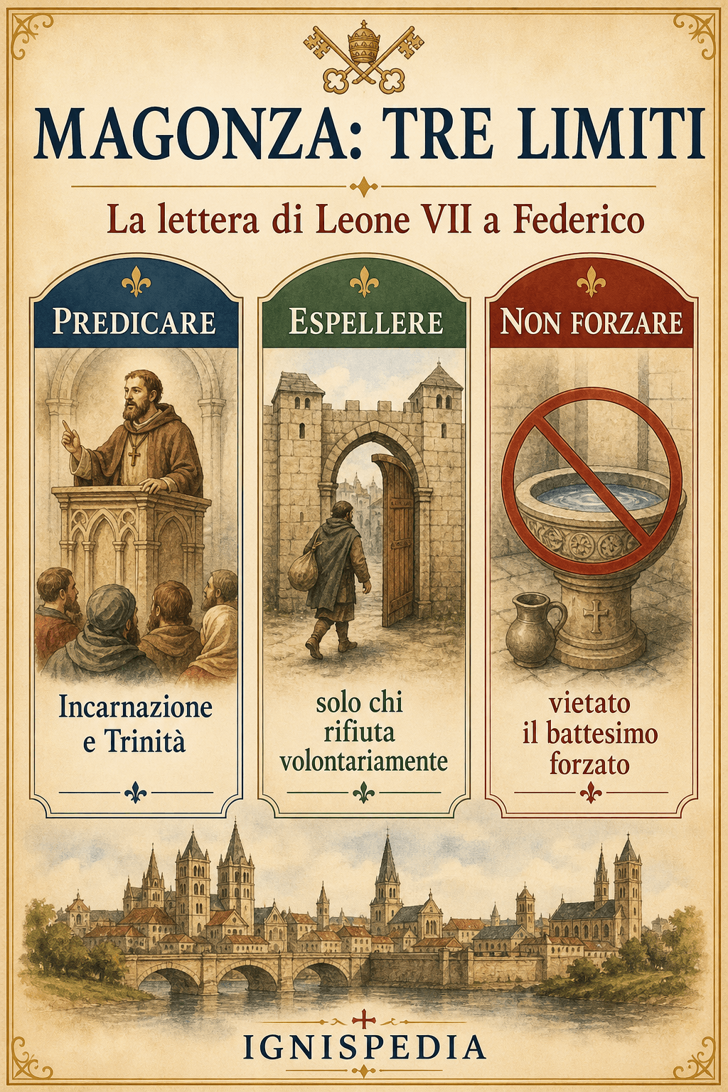 Infografica sulla lettera di Leone VII a Magonza: predicazione, espulsione condizionale, divieto del battesimo forzato