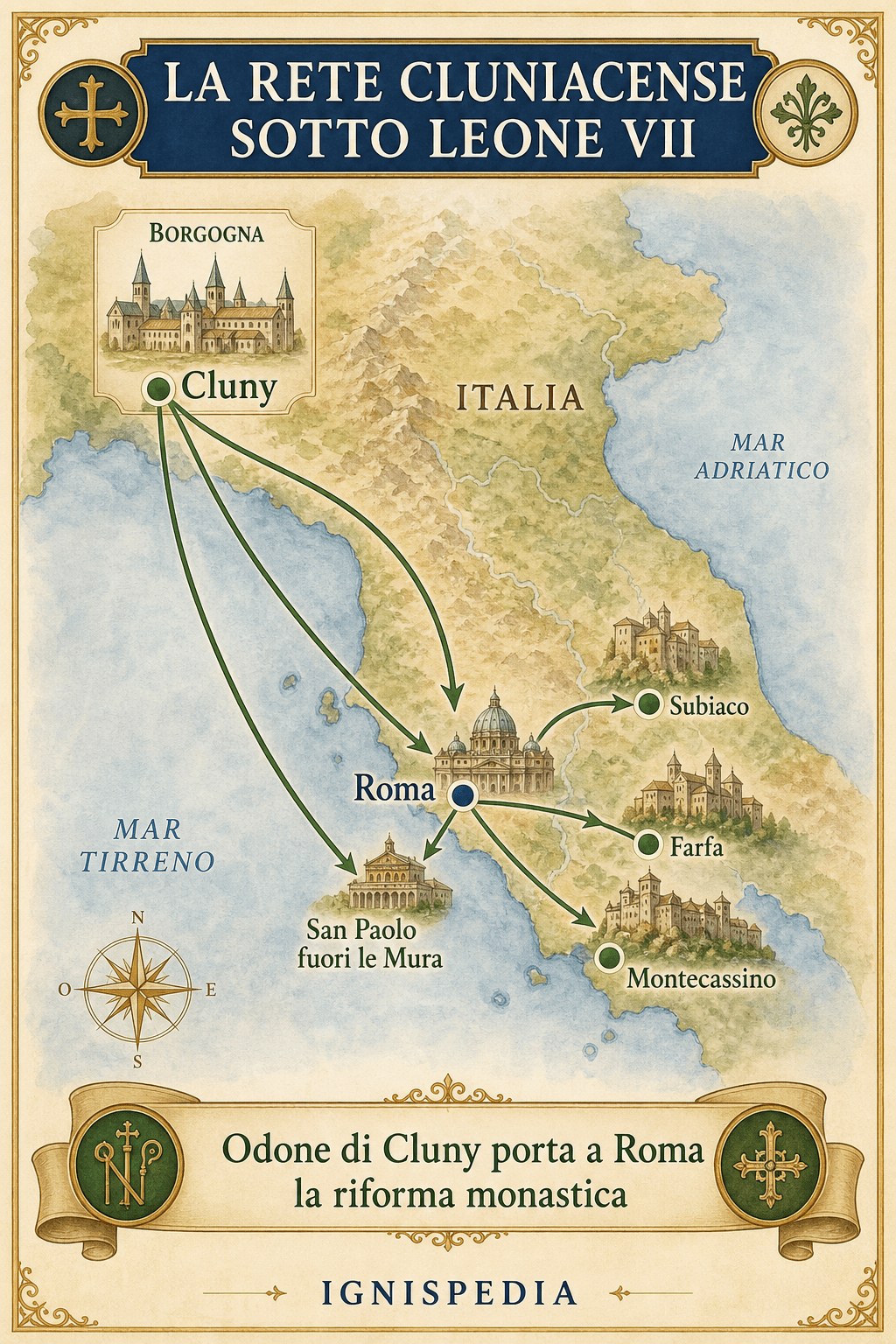 Schema cartografico della rete cluniacense sotto Leone VII che collegava Cluny, Roma, Lazio, Gorze e Montecassino