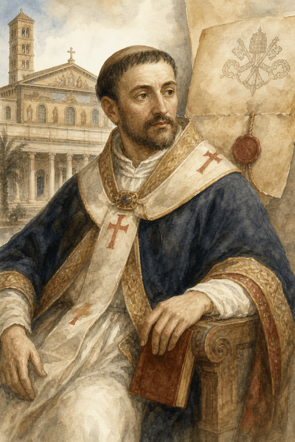 Ritratto ad acquerello di Papa Leone VII, in sobrio abito pontificio, con San Paolo fuori le Mura e una bolla pontificia sullo sfondo