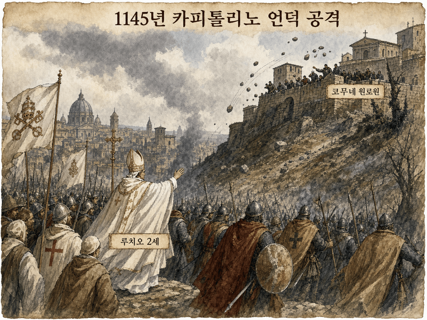1145년 2월 루치오 2세의 카피톨리노 공격 일러스트
