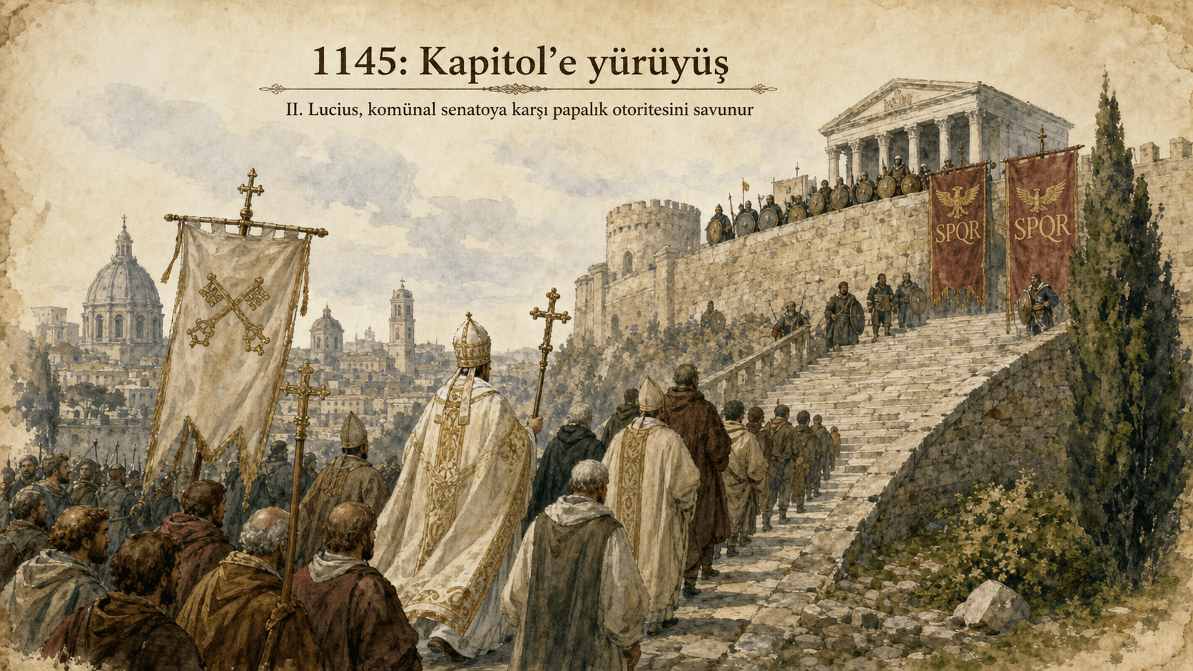 Şubat 1145’te II. Lucius’nin Kapitol’e saldırısını gösteren illüstrasyon