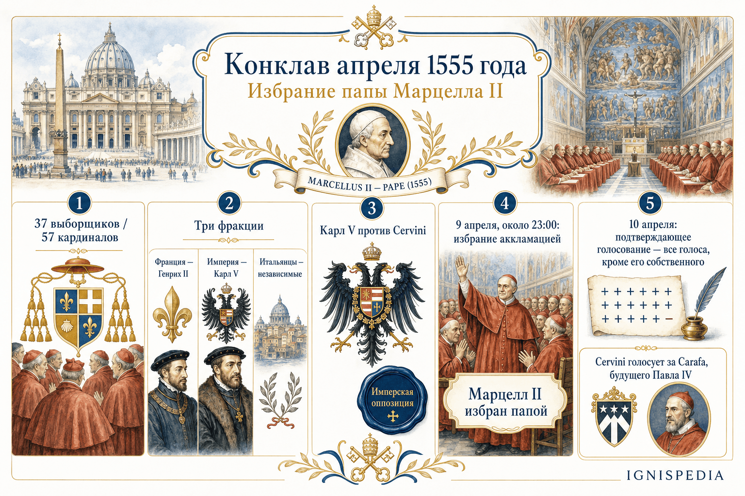 Инфографика конклава апреля 1555 года: 37 из 57 кардиналов-избирателей, три фракции, оппозиция Карла V Червини, избрание аккламацией 9 апреля и подтверждающее голосование 10 апреля
