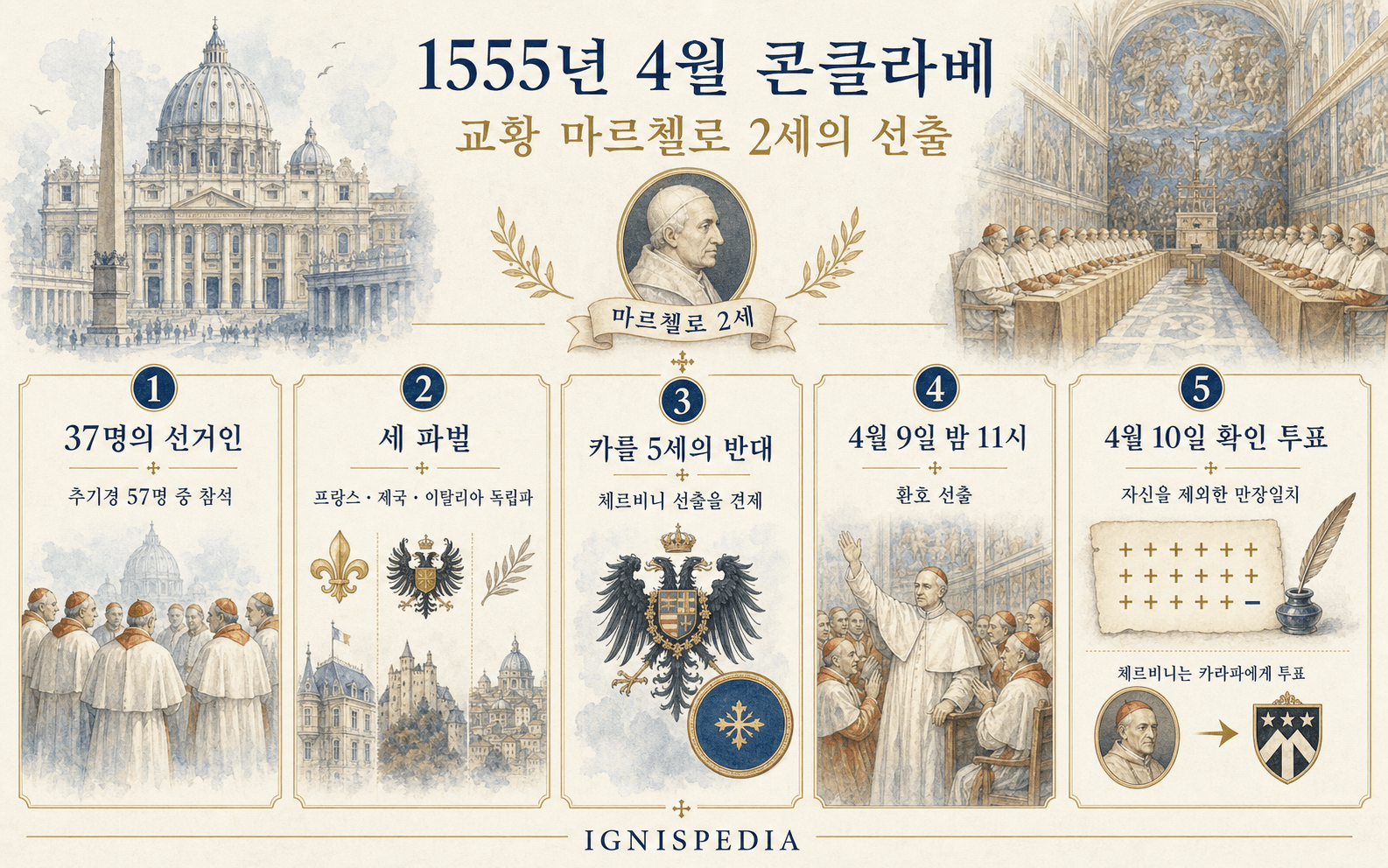 1555년 4월 콘클라베 인포그래픽: 57명 중 37명의 선거인, 세 파벌, 카를 5세의 체르비니 반대, 4월 9일 만장일치 선출과 4월 10일 확인 투표