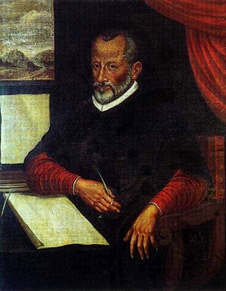 Retrato antigo de Giovanni Pierluigi da Palestrina, com hábito negro, uma pena na mão diante de uma partitura