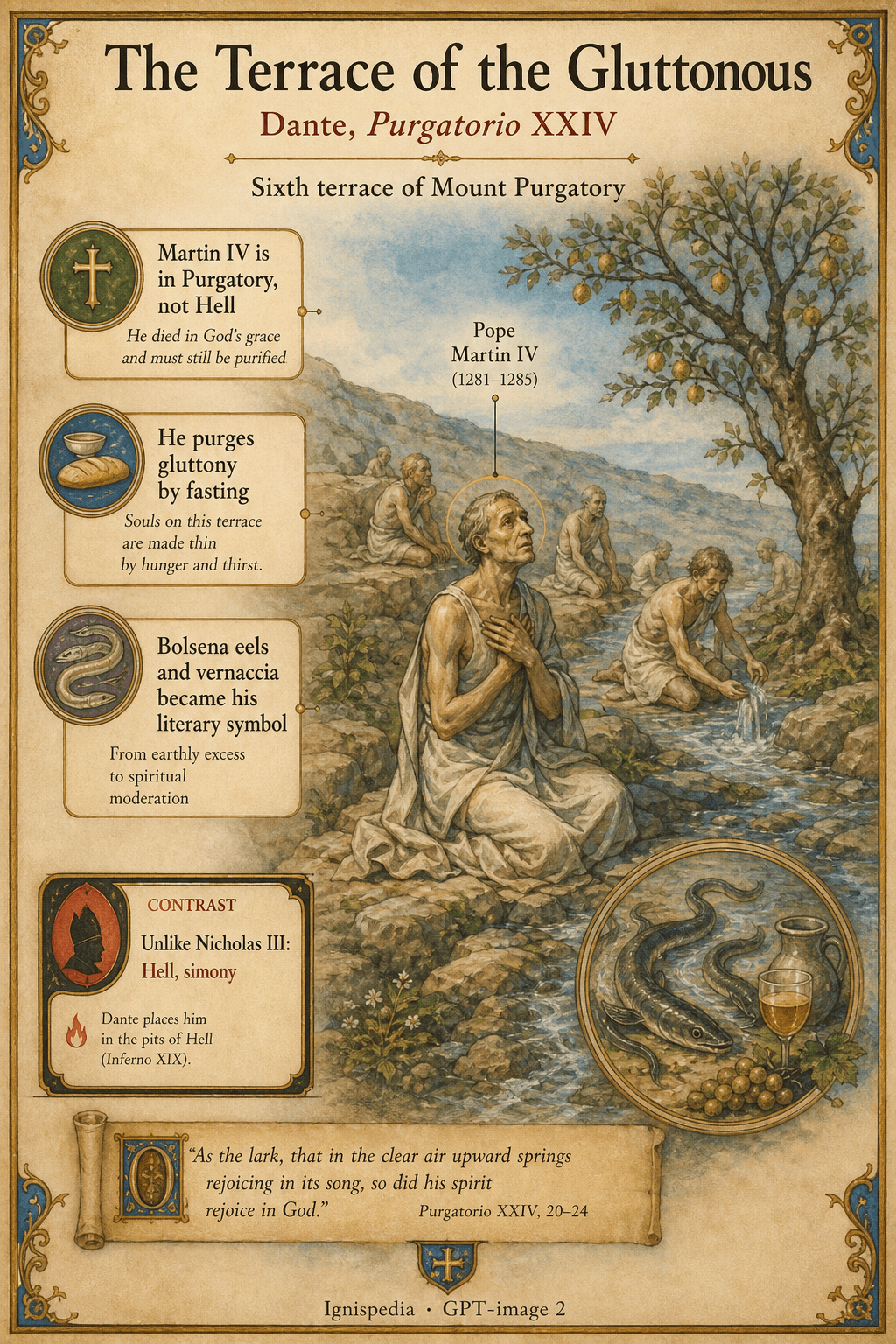 Ignispedia infographic illustrating Dante's sixth terrace of Purgatory, that of the gluttonous, where Martin IV purges his gluttony by fasting.