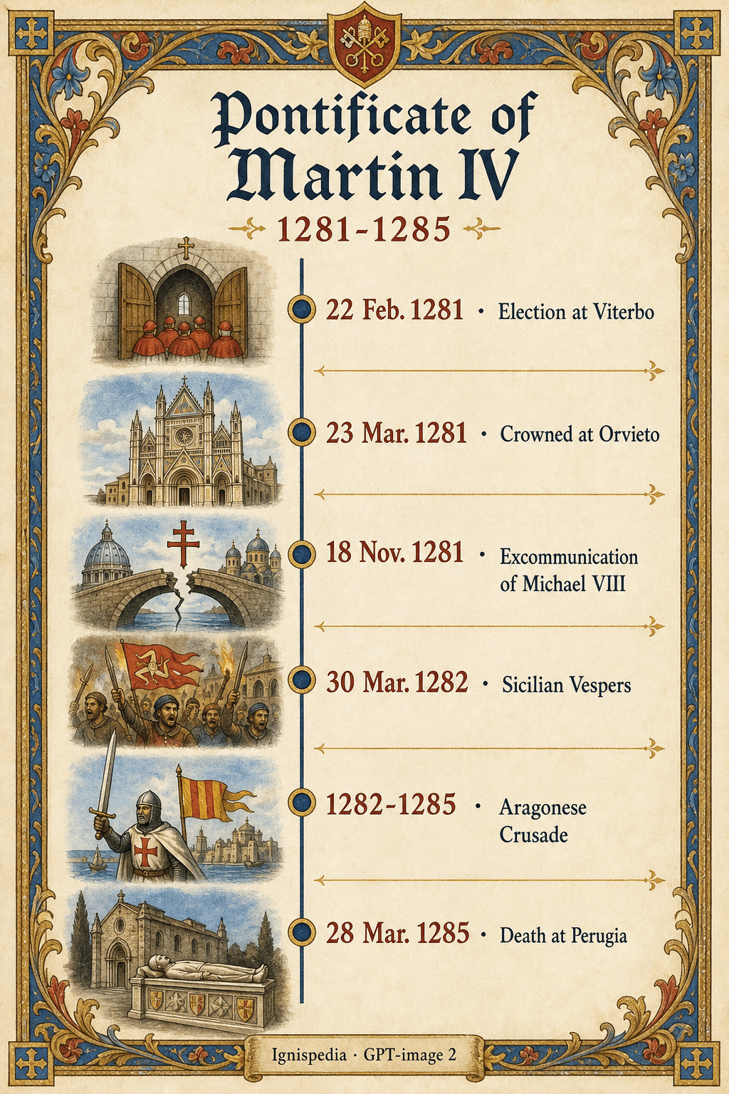 Timeline infographic of the pontificate of Martin IV from 1281 to 1285, from his election to the break with the Greeks, the Sicilian Vespers, the Aragonese Crusade and his death in Perugia.