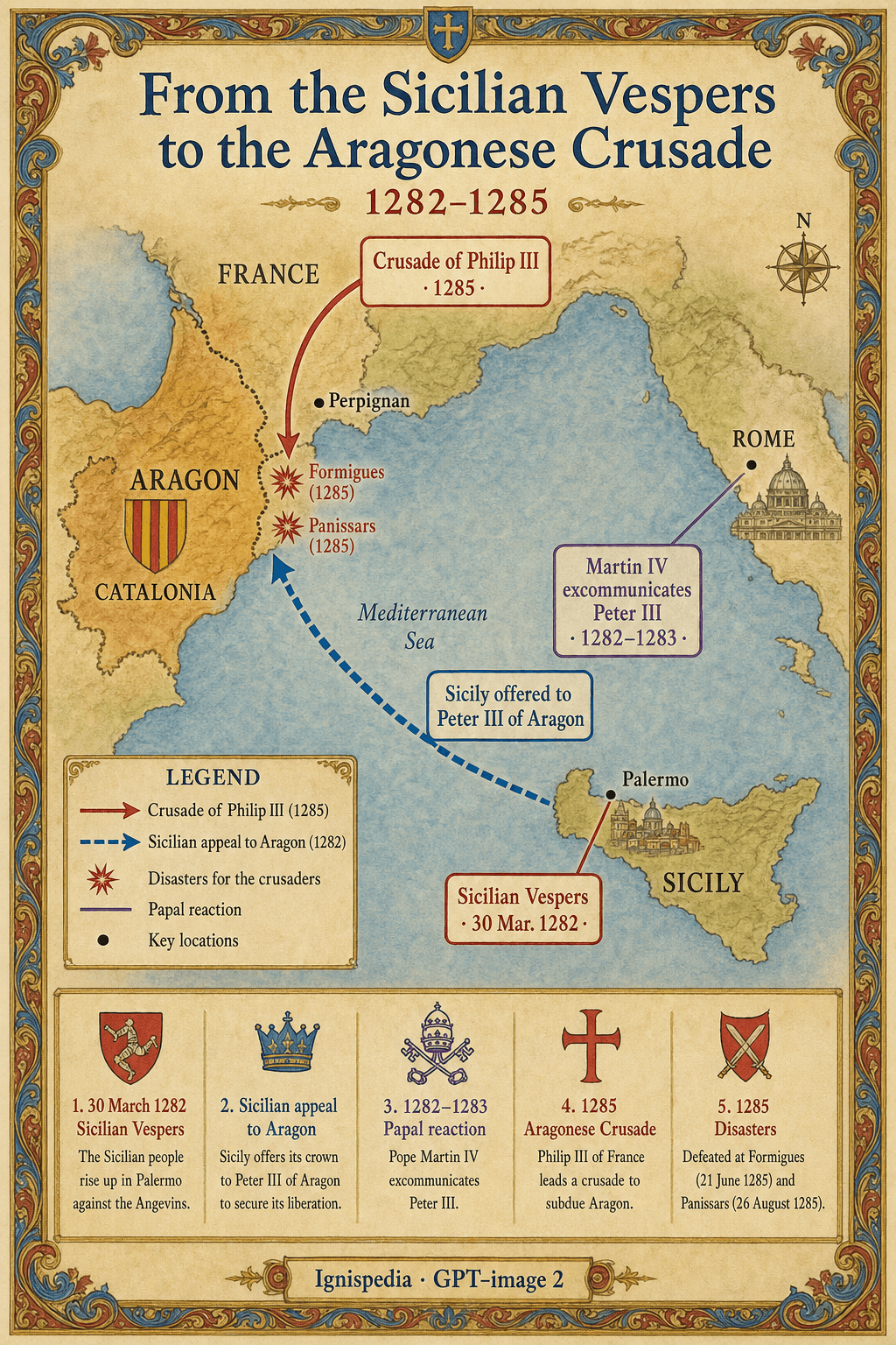 Ignispedia map infographic showing the Sicilian Vespers of 1282, Sicily's passage to Peter III of Aragon, and the Aragonese Crusade launched by Martin IV toward Catalonia.