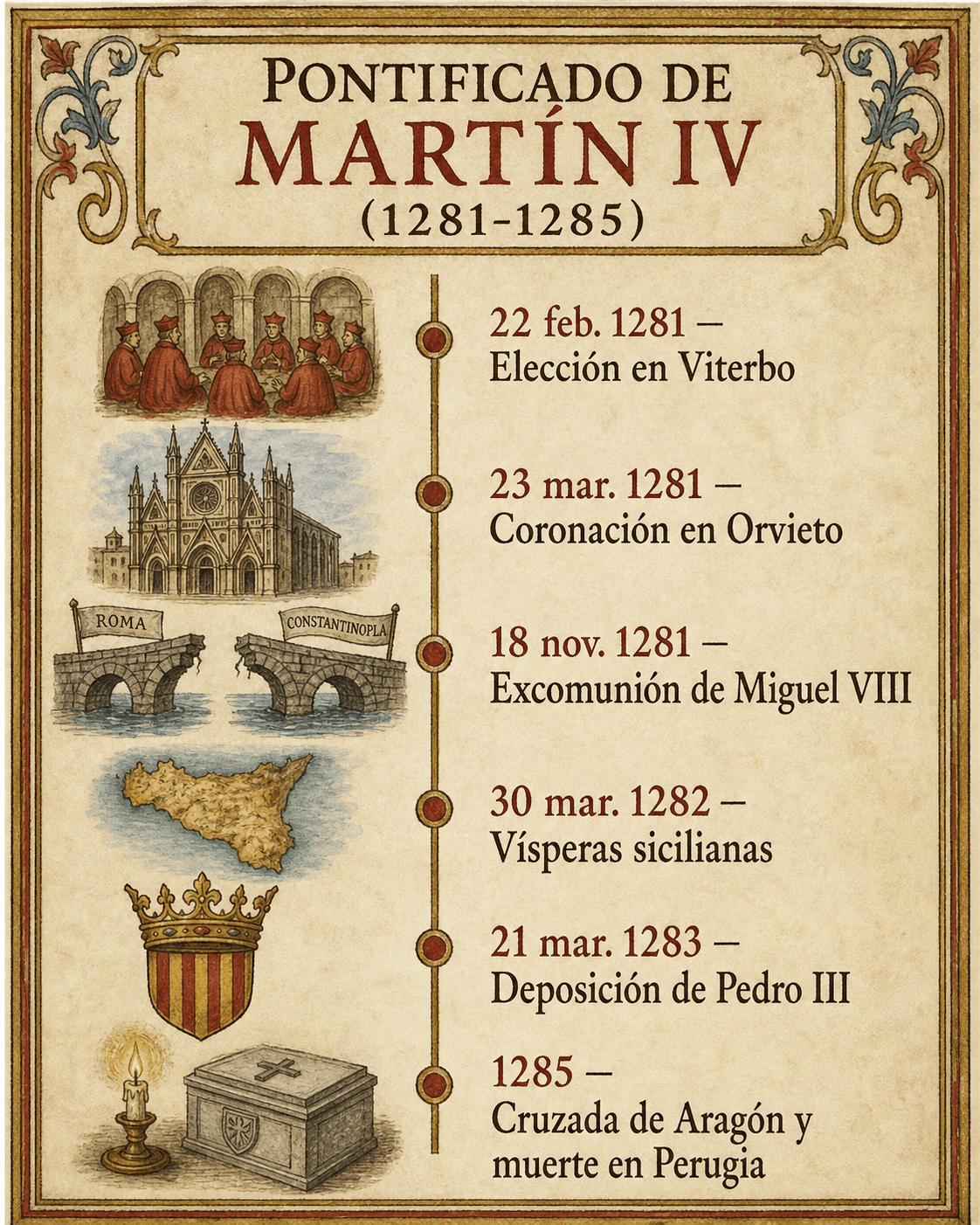 Friso infográfico en español del pontificado de Martín IV de 1281 a 1285, desde su elección hasta la ruptura con los griegos, las Vísperas sicilianas, la cruzada de Aragón y su muerte en Perugia.