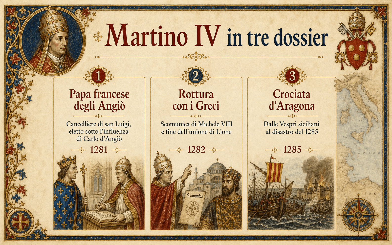 Infografica Ignispedia in italiano che riassume Martino IV in tre dossier: il papa francese degli Angiò, la rottura con i Greci e la disastrosa crociata d'Aragona.