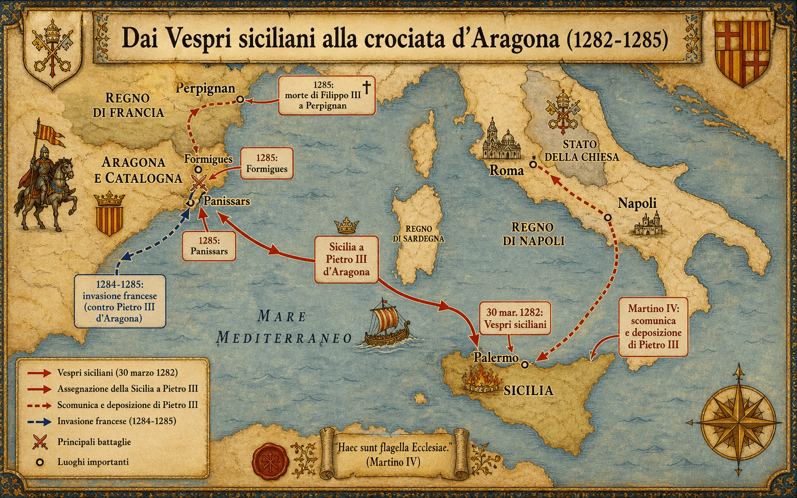 Infografica cartografica Ignispedia in italiano che mostra i Vespri siciliani del 1282, il passaggio della Sicilia a Pietro III d'Aragona e la crociata d'Aragona avviata da Martino IV verso la Catalogna.