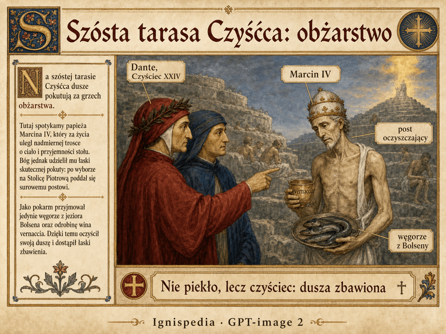 Infografika Ignispedia po polsku ukazująca szóstą tarasę Czyśćca Dantego, tarasę obżartuchów, gdzie Marcin IV oczyszcza swoje obżarstwo przez post.