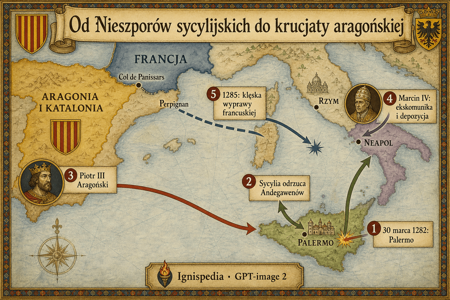 Infografika mapowa Ignispedia po polsku pokazująca Nieszpory sycylijskie z 1282 roku, przejście Sycylii do Piotra III Aragońskiego i krucjatę aragońską rozpoczętą przez Marcina IV ku Katalonii.