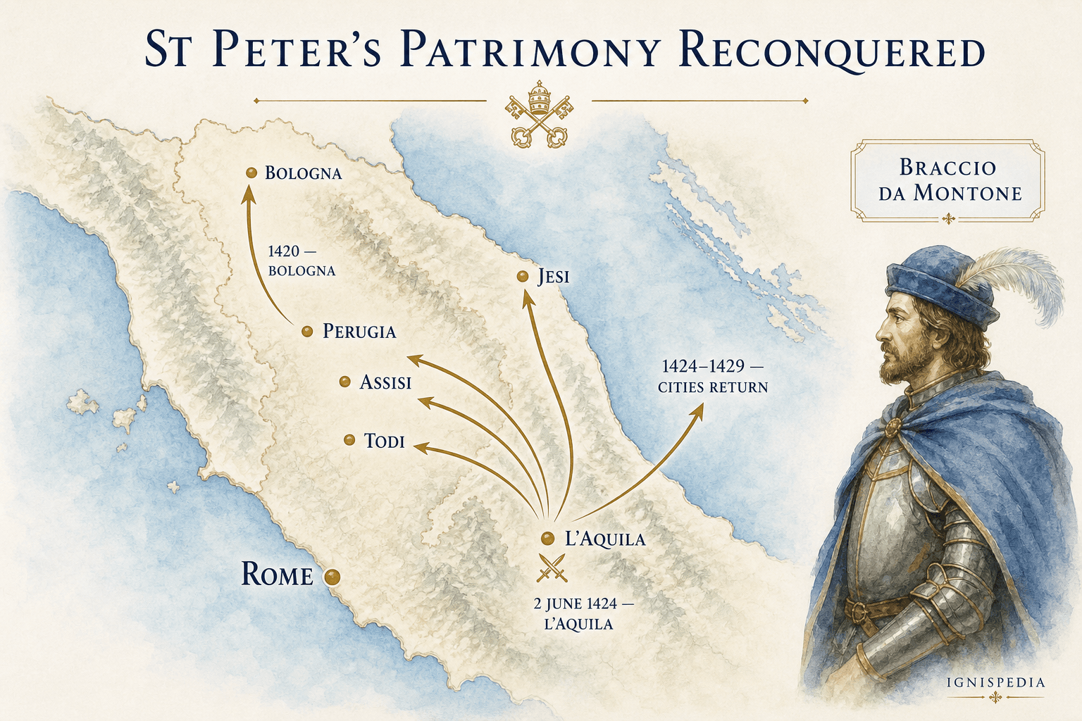 Ignispedia infographic map showing the reconquest of the Papal States by Martin V: submission of Bologna, battle of L'Aquila against Braccio da Montone in 1424, return of Perugia, Assisi and Todi.