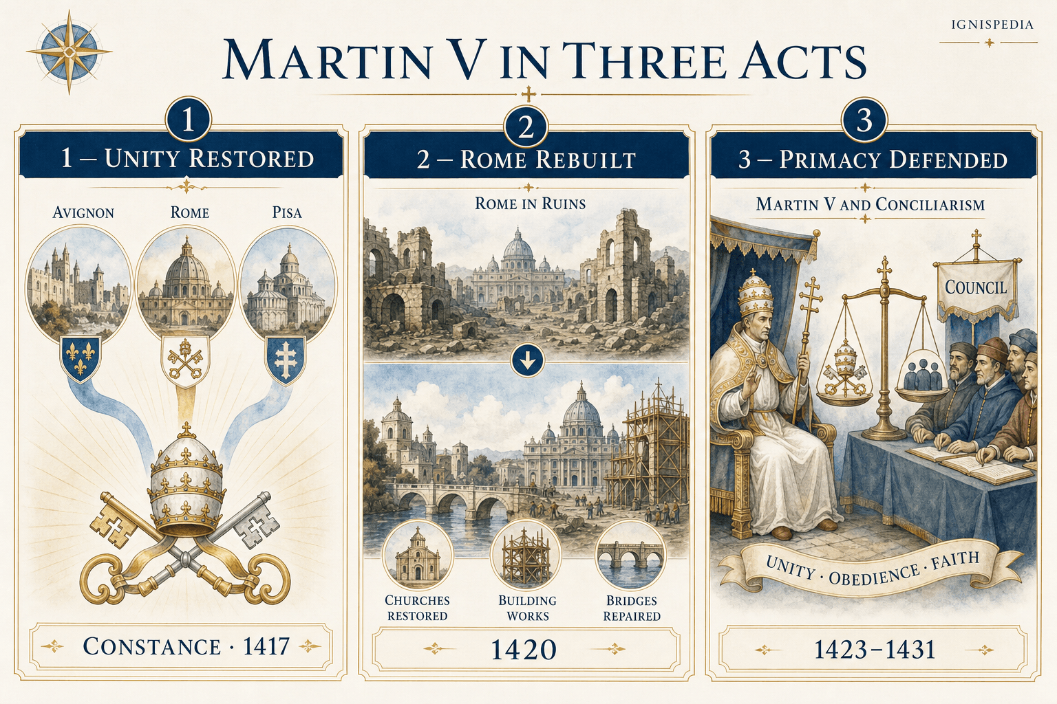 Ignispedia infographic summarizing Martin V in three acts: the end of the Great Schism, the restoration of Rome and the Papal States, and the containment of conciliarism.