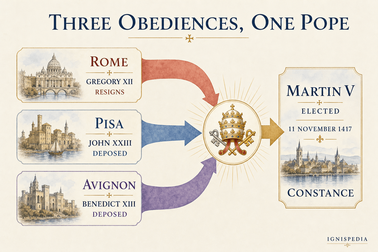 Ignispedia infographic showing the resolution of the Western Schism: three rival denominations converging towards the election of a single pope, Martin V, in Constance in 1417.