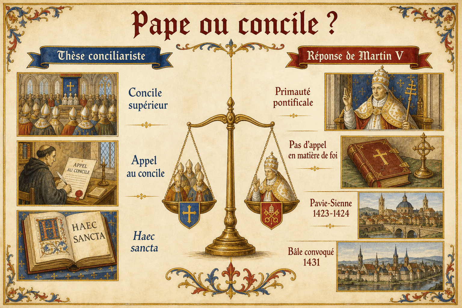 Infografia Ignispedia que opõe a tese conciliarista (o concílio acima do papa) e a resposta de Martinho V, com Frequens, o concílio de Pavia-Siena de 1423 e a convocação de Basileia.