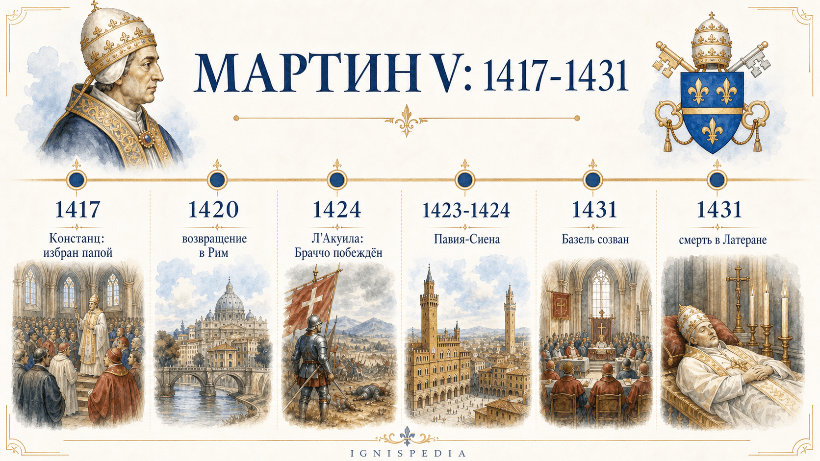 Инфографика Ignispedia с хронологией понтификата Мартина V между 1417 и 1431 годами: Констанц, возвращение в Рим, Л’Акуила, Павия-Сиена, Базель и смерть в Латеране.