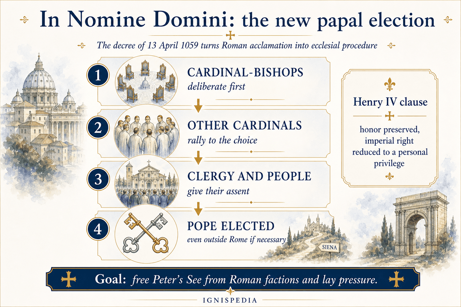 Diagram of the papal election procedure fixed by the decree In Nomine Domini in 1059