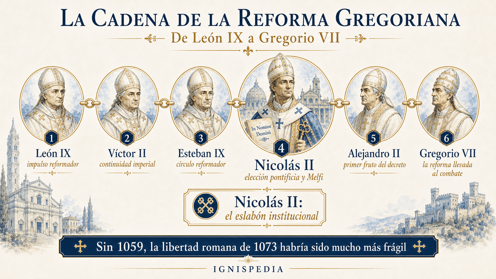 Infografía de la cadena reformadora de León IX a Gregorio VII, con Nicolás II como eslabón institucional