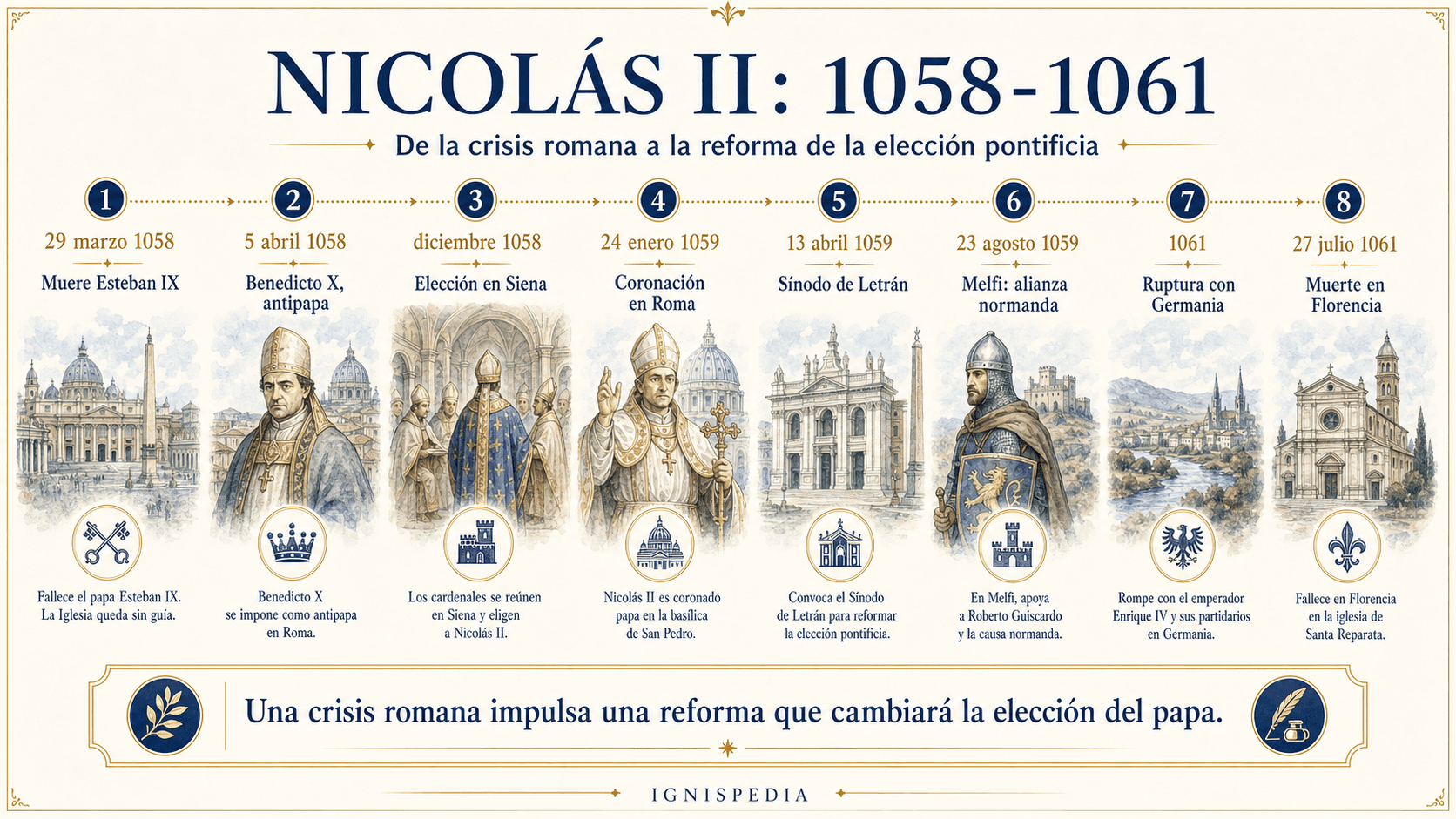 Infografía cronológica 1058-1061: muerte de Esteban IX, antipapa Benedicto X, elección de Nicolás II en Siena, sínodo de Letrán, Melfi