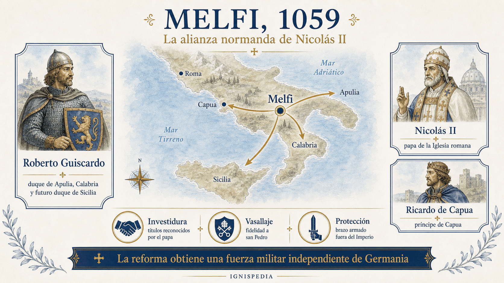 Mapa infográfico de Italia meridional en 1059: Apulia, Calabria, Sicilia, principado de Capua, Melfi y la alianza normanda de Nicolás II