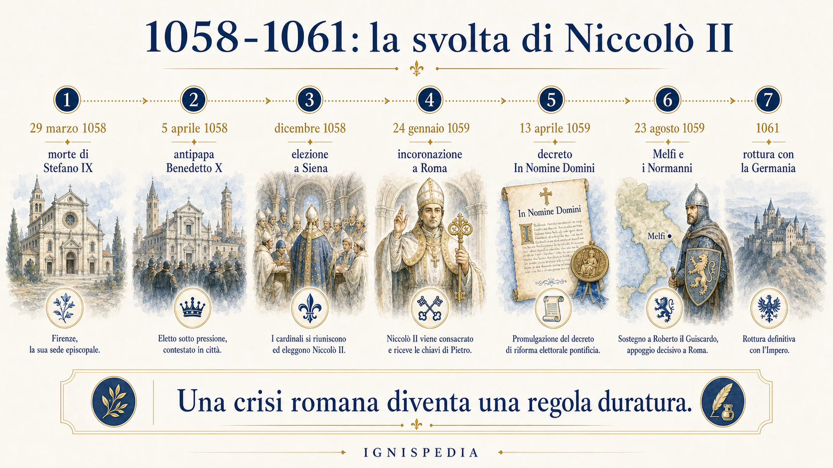 Infografia cronologica 1058-1061: morte di Stefano IX, antipapa Benedetto X, elezione di Niccolò II a Siena, sinodo lateranense e Melfi