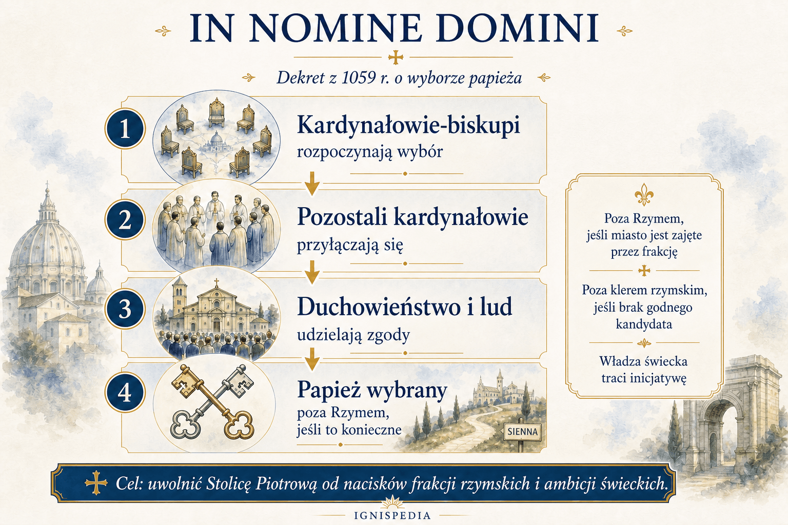 Schemat procedury wyboru papieskiego ustalonej przez dekret In Nomine Domini w 1059 roku