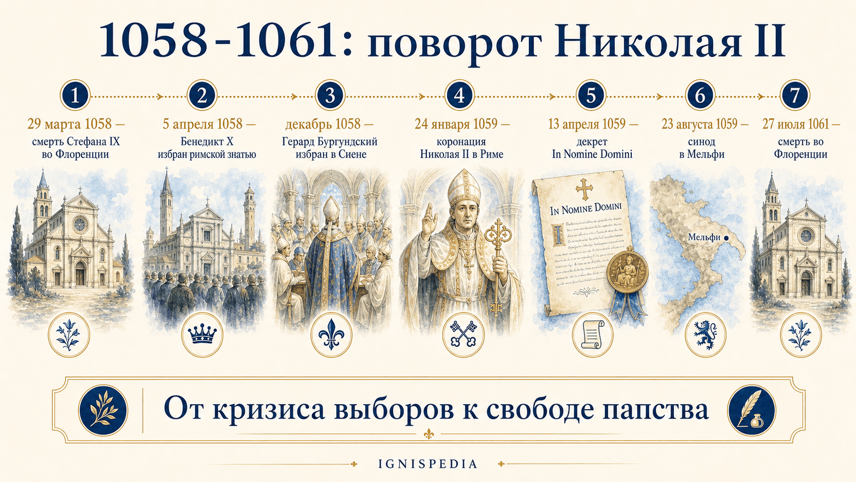 Хронологическая инфографика 1058-1061 годов: смерть Стефана IX, антипапа Бенедикт X, избрание Николая II в Сиене, Латеранский синод и Мельфи