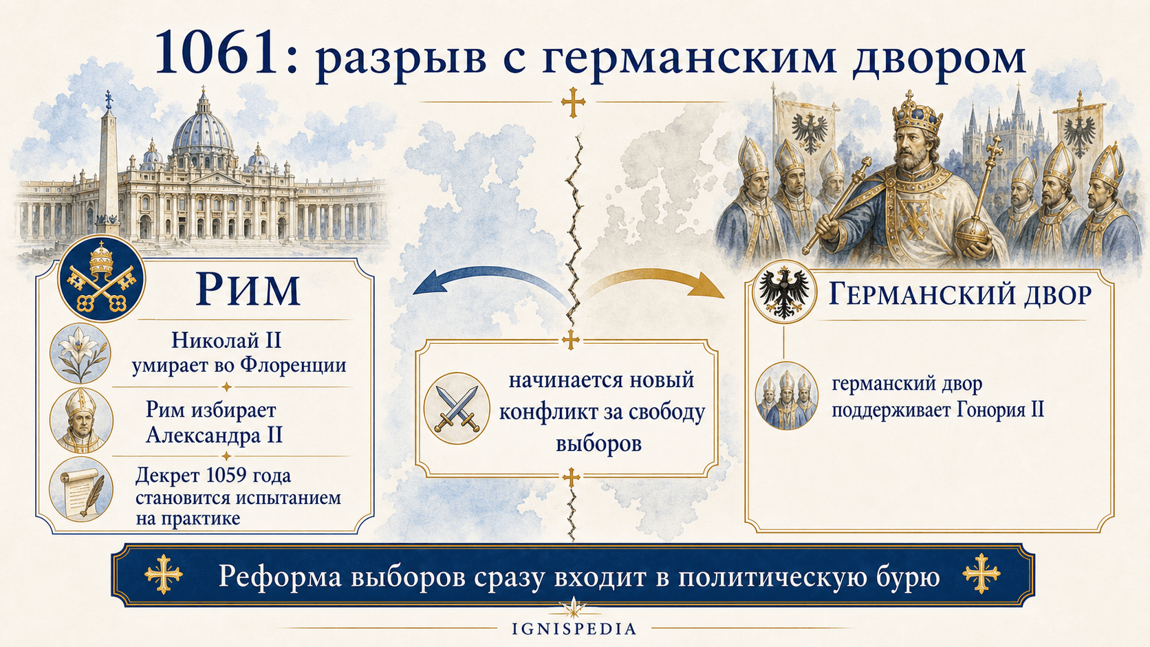 Инфографика о разрыве 1061 года между реформаторским Римом и германским двором после декрета In Nomine Domini