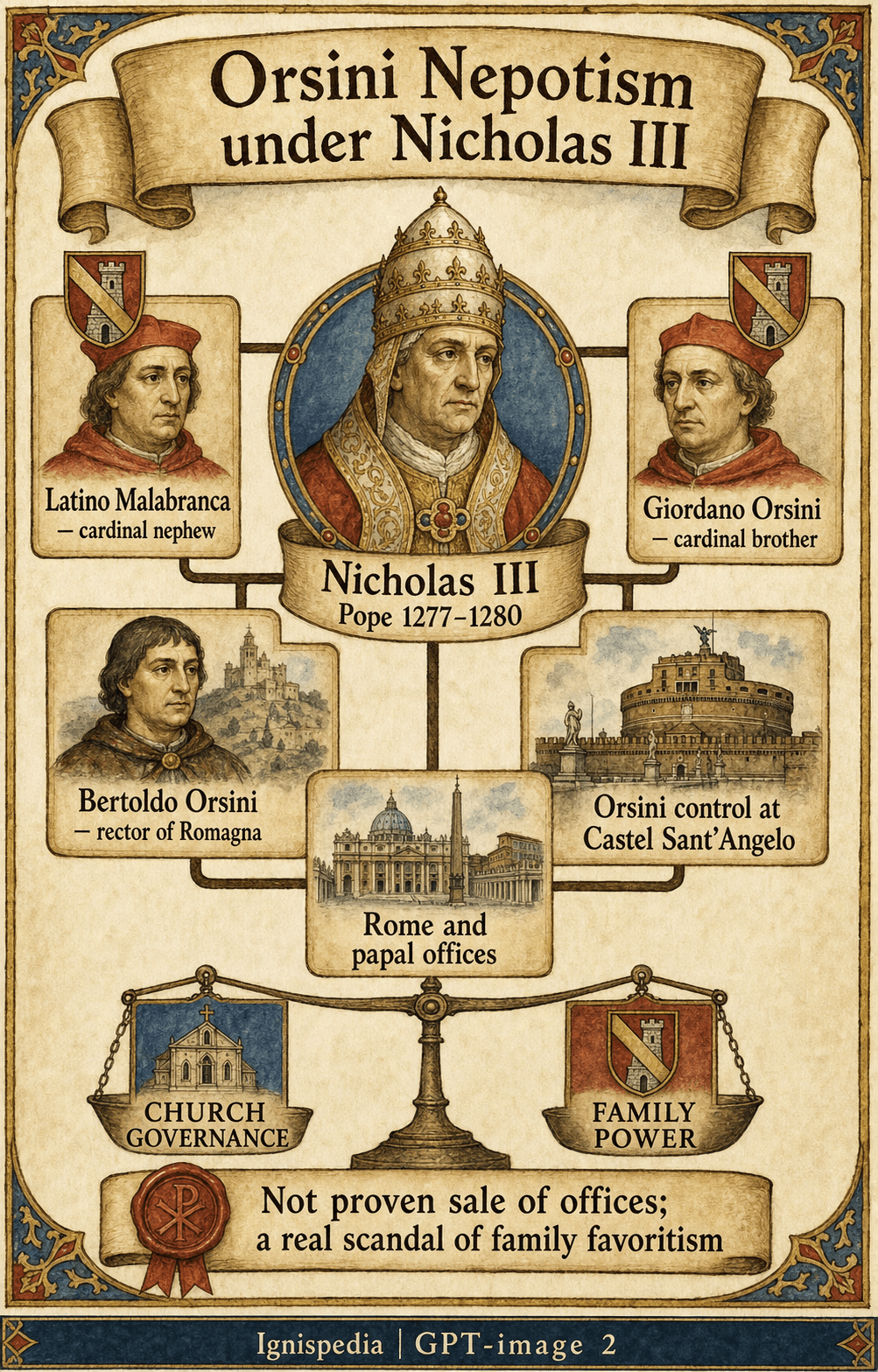Ignispedia infographic presenting the nepotism of Nicholas III: members of the Orsini family raised to the cardinalate, the senatorship of Rome, and the government of Romagna.