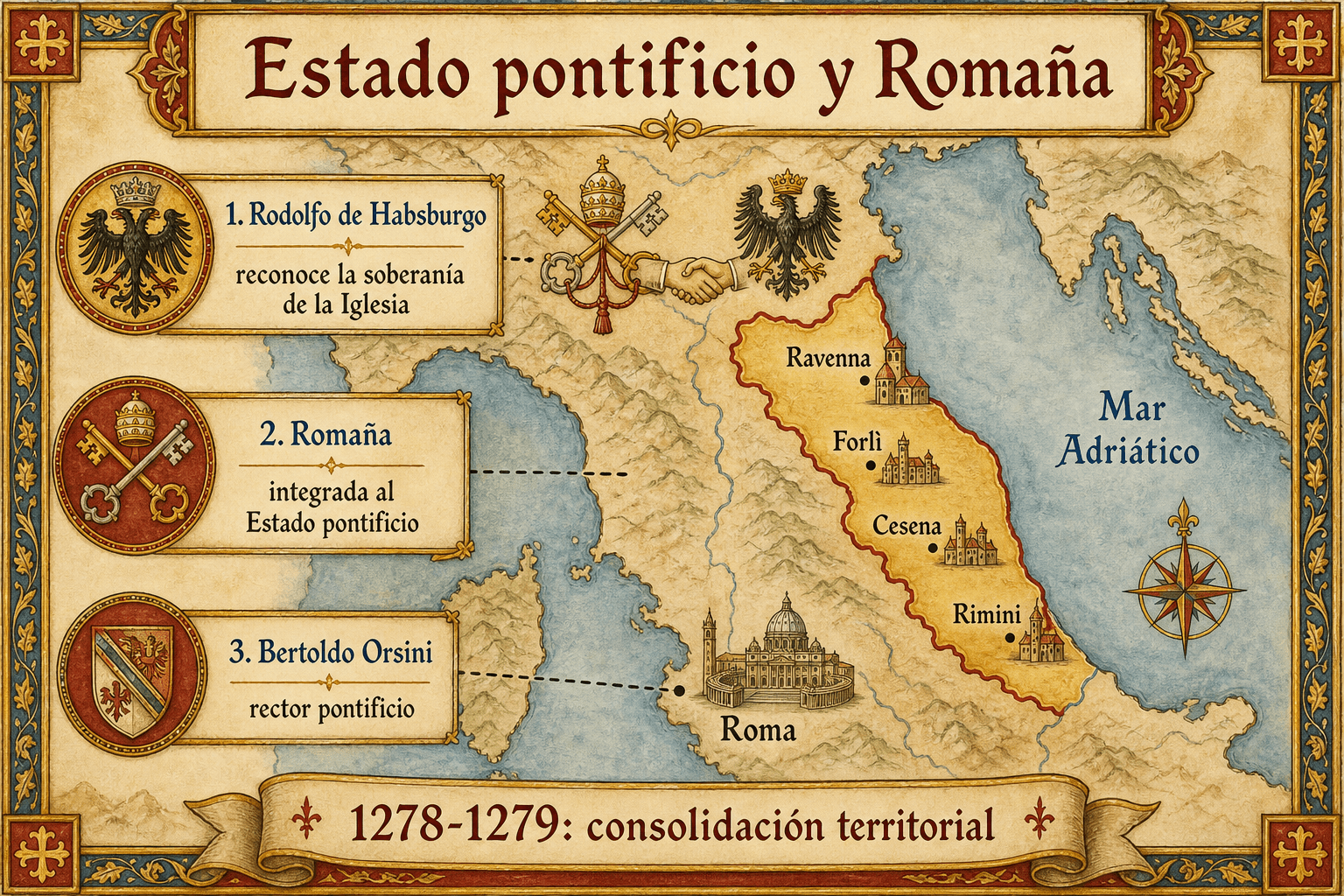 Mapa infográfico Ignispedia que muestra el agrandamiento del Estado pontificio bajo Nicolás III con la adquisición de la Romaña y del exarcado de Rávena cedidos por Rodolfo de Habsburgo.