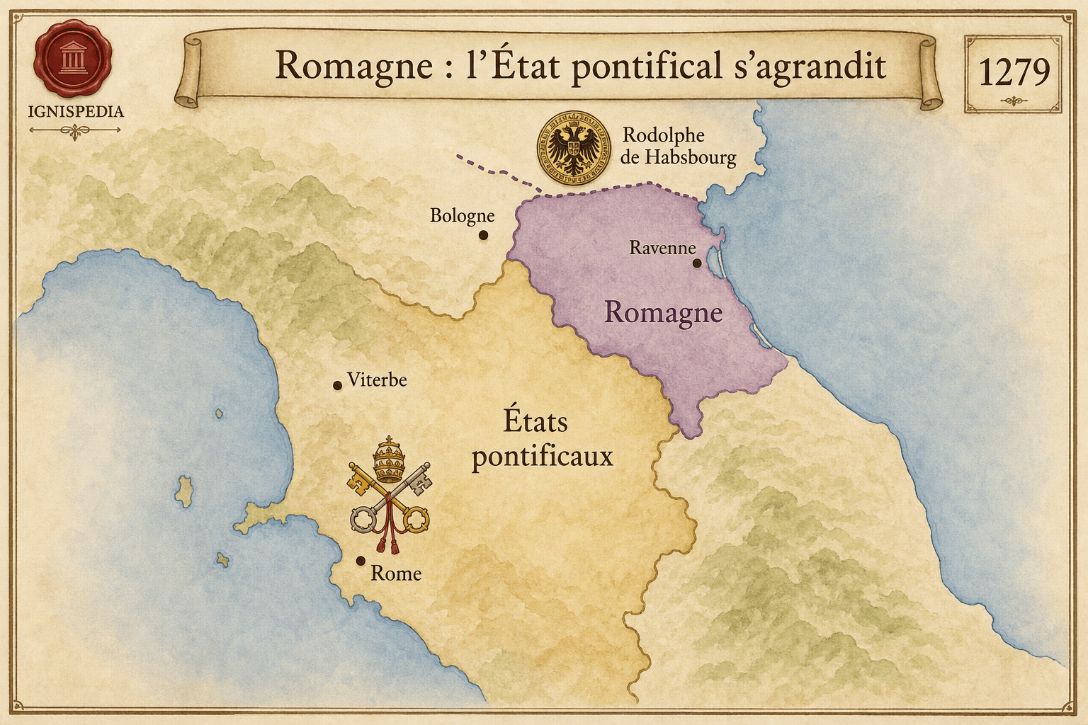 Carte infographique Ignispedia montrant l'agrandissement de l'État pontifical sous Nicolas III avec l'acquisition de la Romagne et de l'exarchat de Ravenne cédés par Rodolphe de Habsbourg.