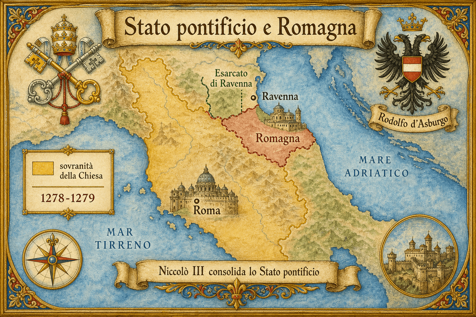 Mappa infografica di Ignispedia che mostra l'espansione dello Stato pontificio sotto Niccolò III con l'acquisizione della Romagna e dell'Esarcato di Ravenna ceduto da Rodolfo d'Asburgo.